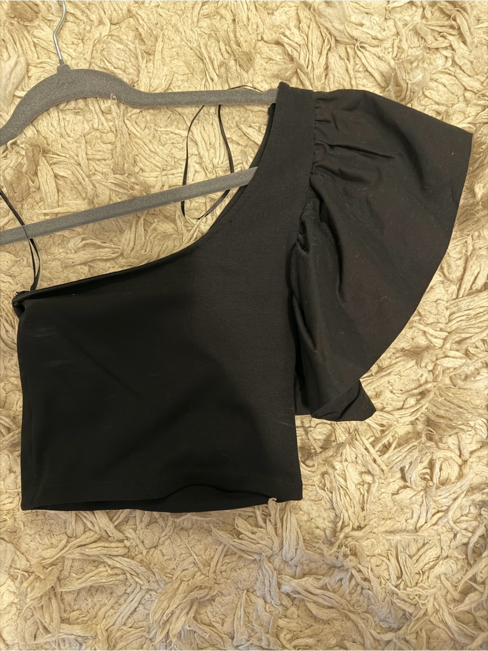 ZARA One-Shoulder Black Crop Top with Puff Sleeve